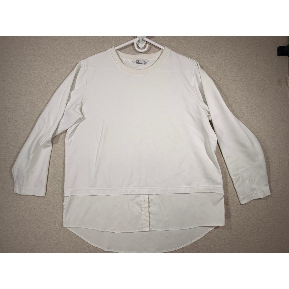 Athleta Mixed Media Pullover Women Large White‎ Layered Shirt Tail Hem